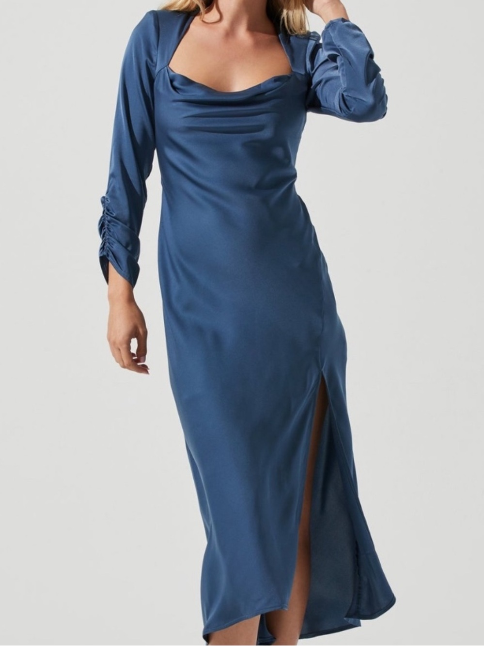 Mila Mae Blue Satin Cowl Neck Midi Dress with Side Slit